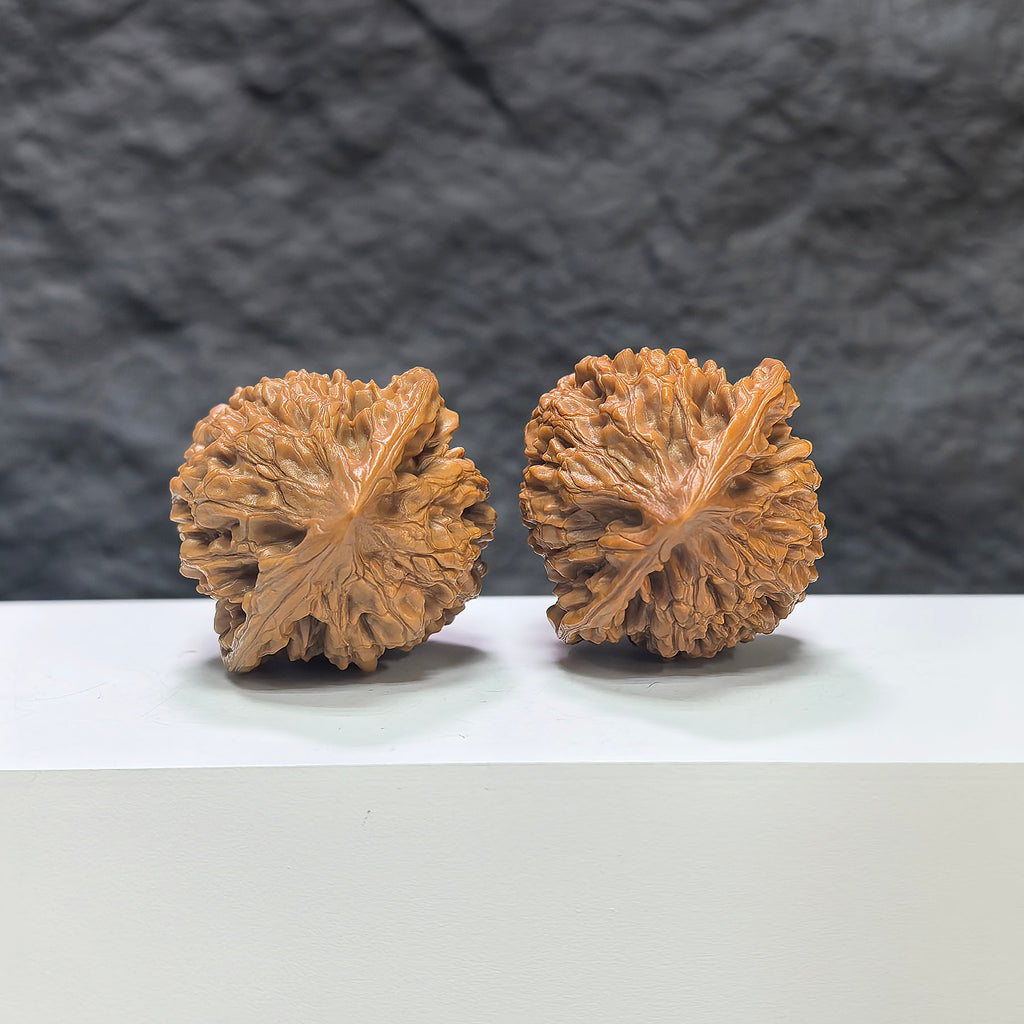 Pair of official Wenwan Art classic walnut carvings, 40mm x 38mm, featuring detailed natural walnut wood textures and traditional craftsmanship.