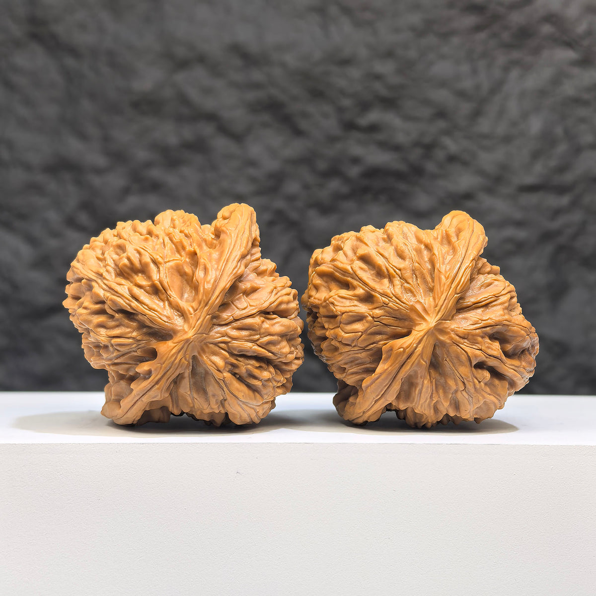 Pair of spherical white Wenwan walnuts with lion carvings, 41mm, from Wenwan Art, showcasing detailed round-profile walnut carvings.