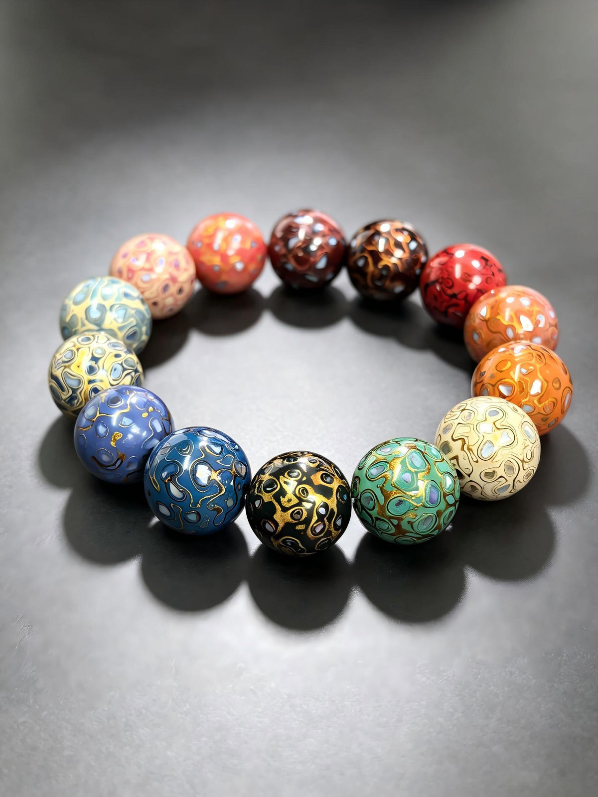 Chinese Urushi Lacquer multi-color bracelet with 15mm beads, featuring traditional blessing design, by ZenWenwan.