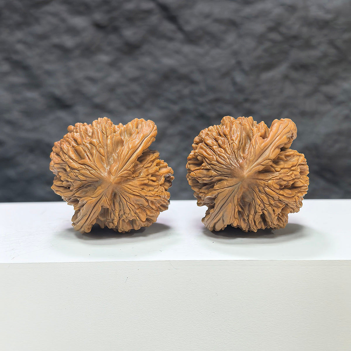 Wenwan Art Wheat Ear Tiger Head Wenwan Walnut pair, 42mm x 49mm, featuring detailed tiger head and wheat ear carvings.