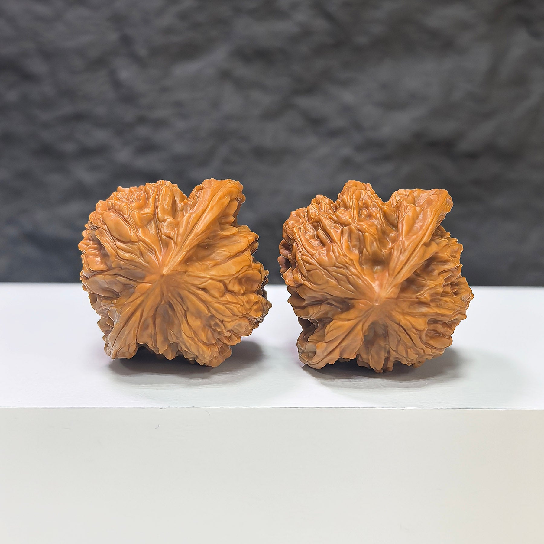 Wuling Mountain Pocket Wenwan Walnut pair by Wenwan Art, miniature 35mm x 32mm carved walnuts on display.