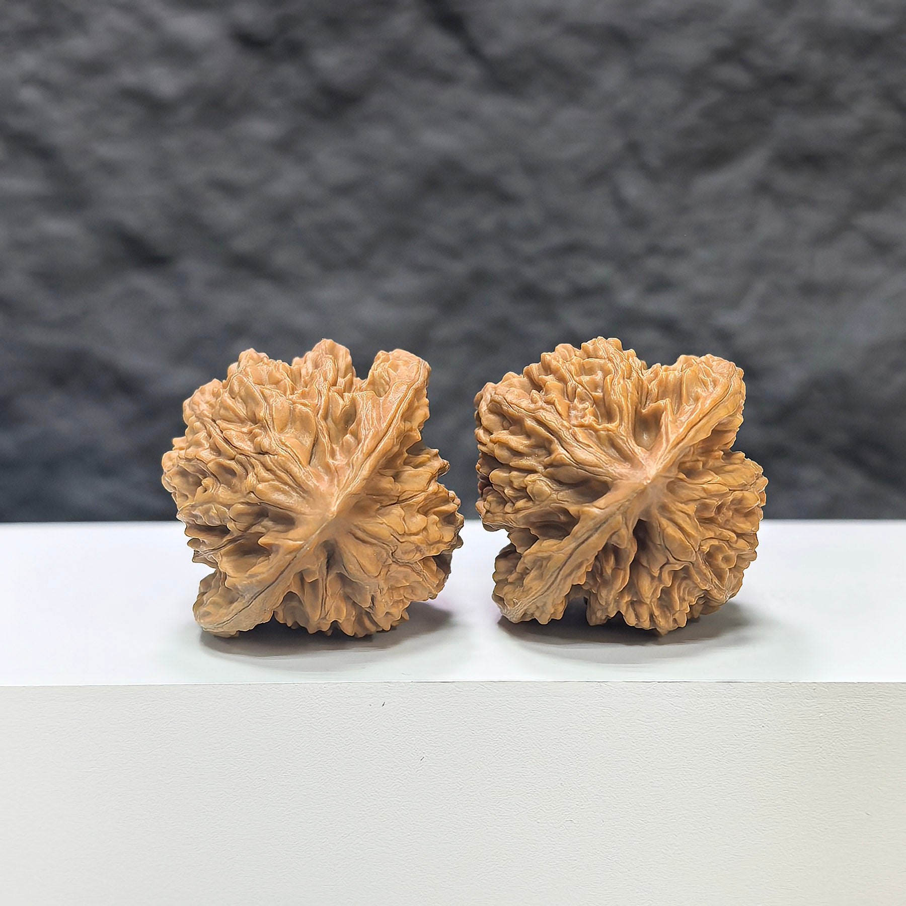 Pair of Xiayunling Classic Wenwan walnuts from Wenwan Art, 37mm x 35mm, featuring detailed natural wood grain.
