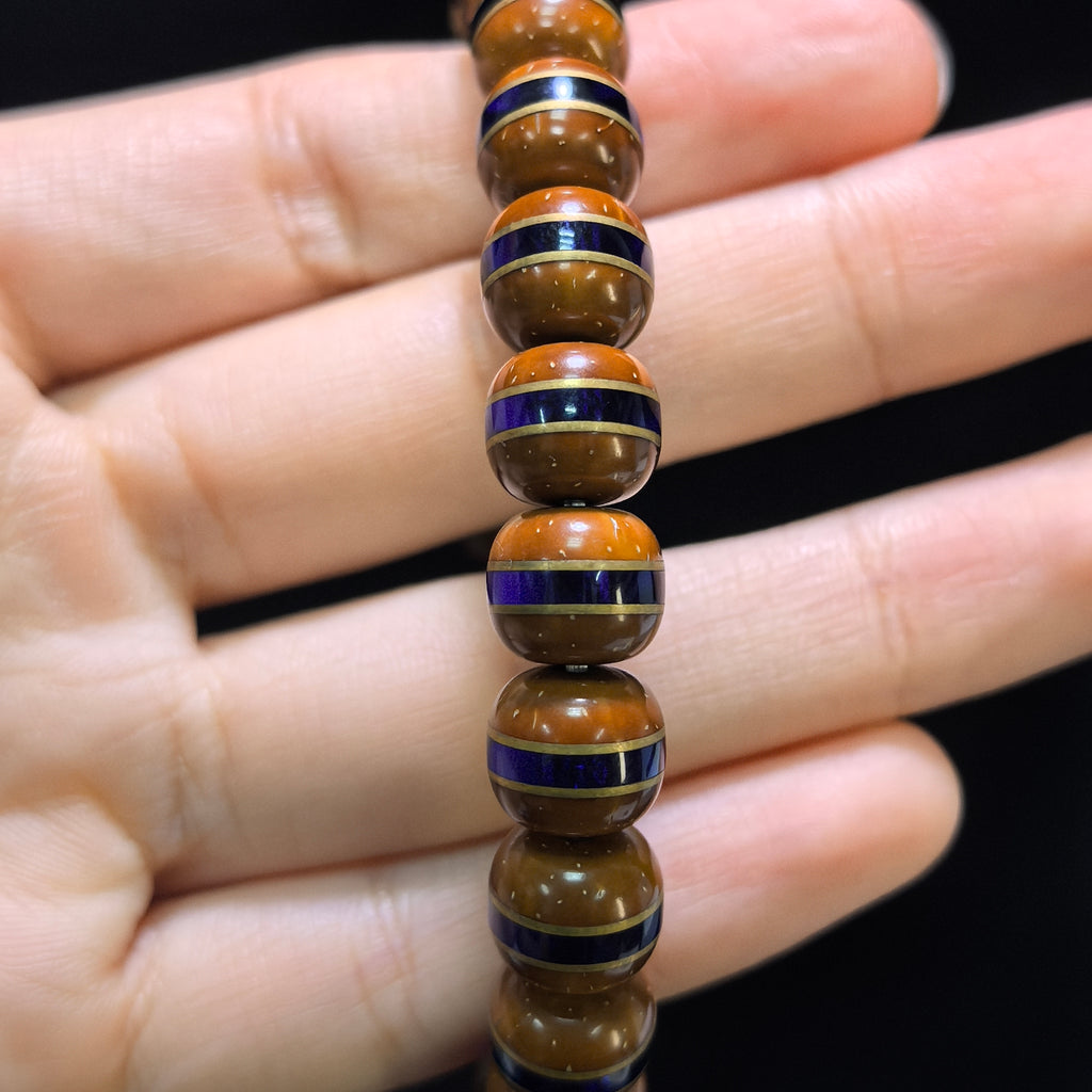 [Zen Collection] Solid Purple-Gold Nut Bracelet w/ Klein Blue & Brass Inlays (10mm) | 實心紫金鼠直金石手串 10mm 克萊因藍鑲嵌 現代時尚文玩手鍊