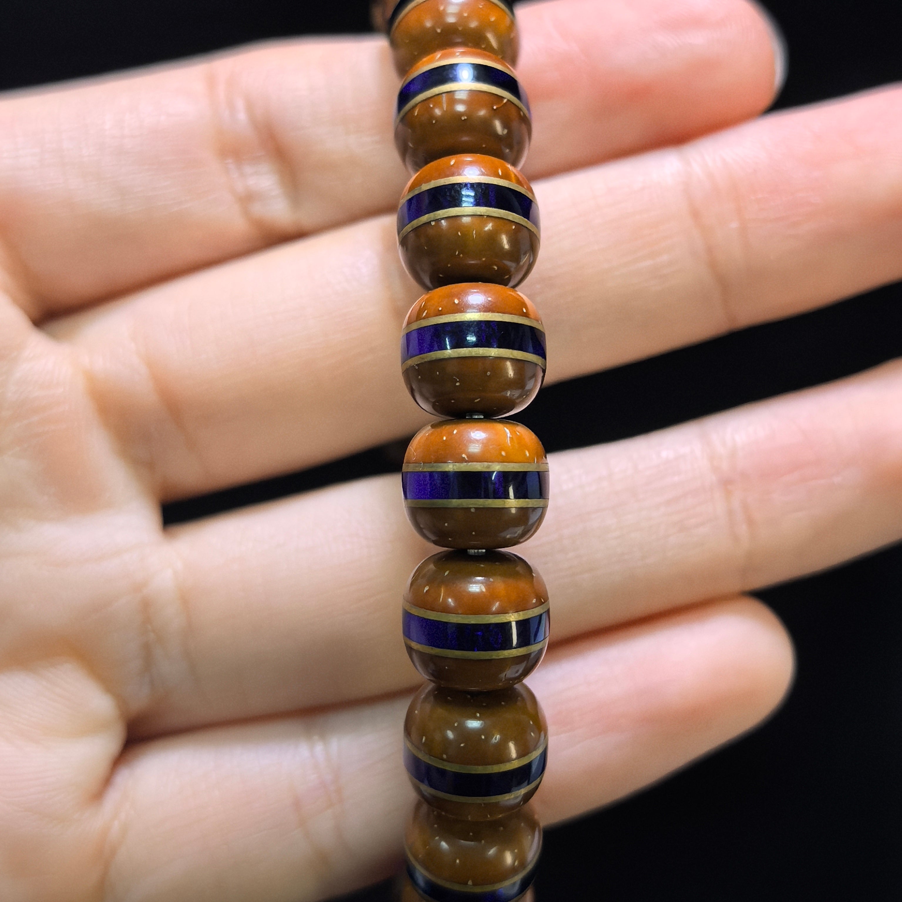 [Zen Collection] Solid Purple-Gold Nut Bracelet w/ Klein Blue & Brass Inlays (10mm) | 實心紫金鼠直金石手串 10mm 克萊因藍鑲嵌 現代時尚文玩手鍊