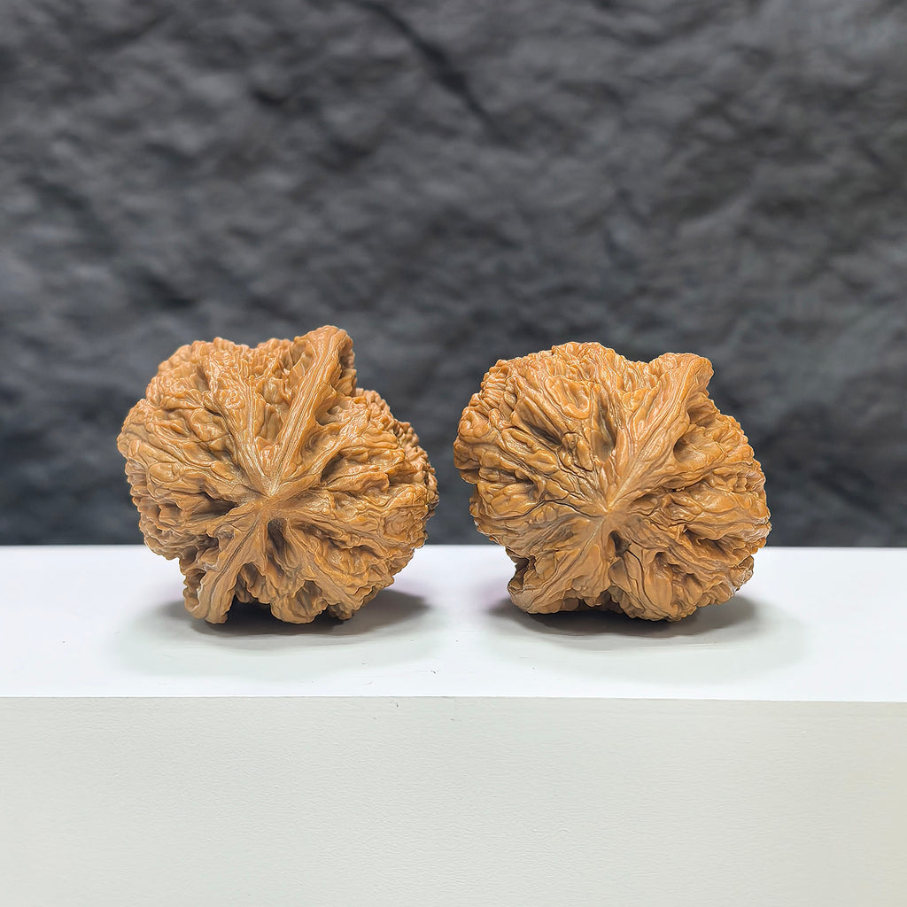 Pair of North China General Shoulder Crippled Foot Wenwan Walnuts by Wenwan Art, 39x40mm, featuring unique natural wood patterns.