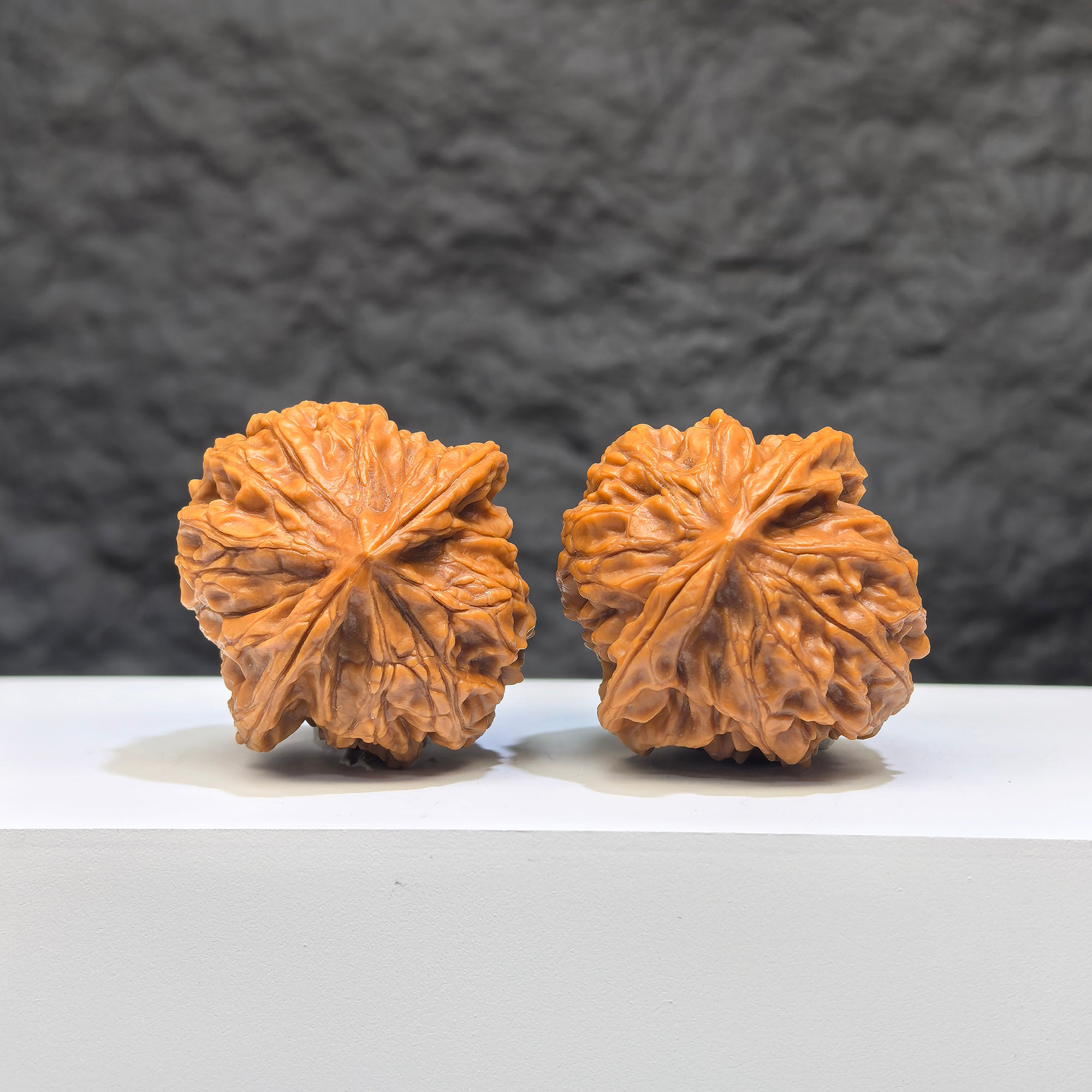 Pair of Dragon Scale Wenwan Walnuts from Wenwan Art, 36mm, showcasing intricate textured patterns and smooth polished surfaces.