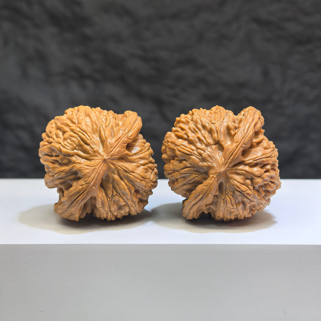 Pair of spherical white lion Wenwan walnuts from Wenwan Art, round-profile, 44mm x 43mm, featuring detailed lion carvings.