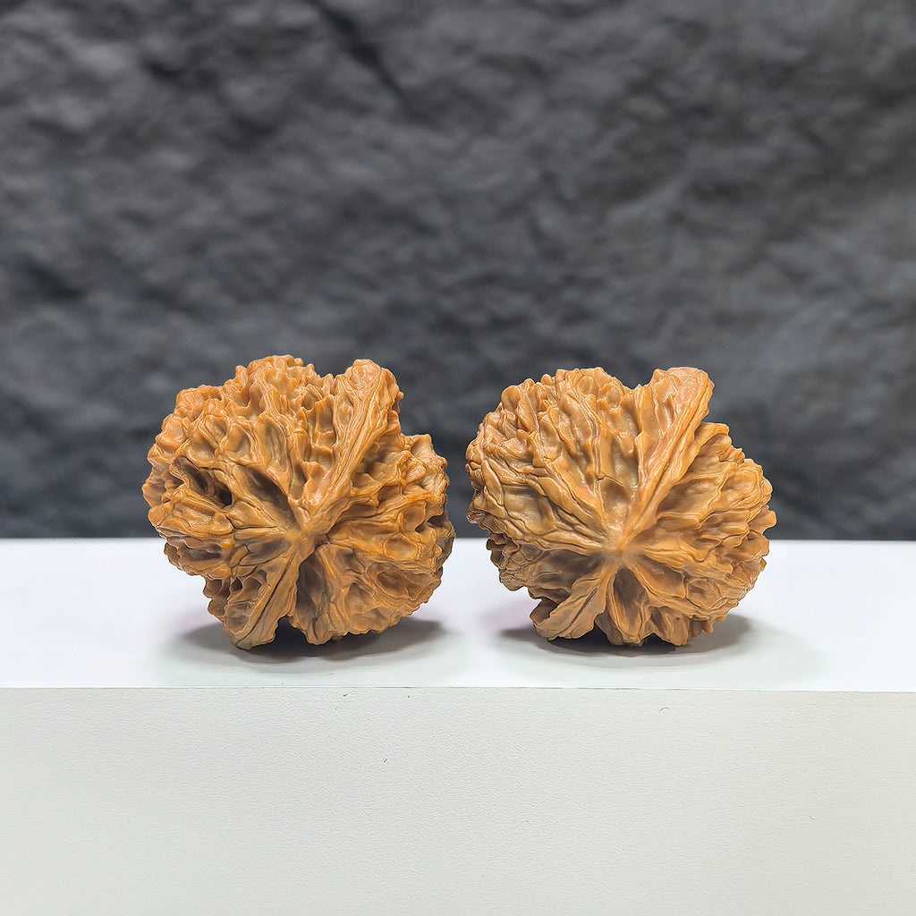 Pair of Apple Garden Wenwan walnuts by Wenwan Art, 36mm, featuring natural walnut craftsmanship and detailed carvings.