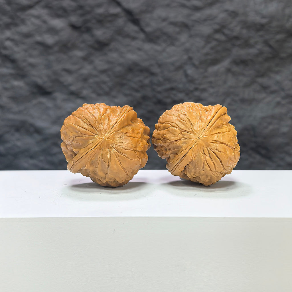 Golden Toad Vessel and Heaven Devouring Beast Wenwan Walnut pair, 36mm x 37mm, crafted by Wenwan Art with intricate carvings.