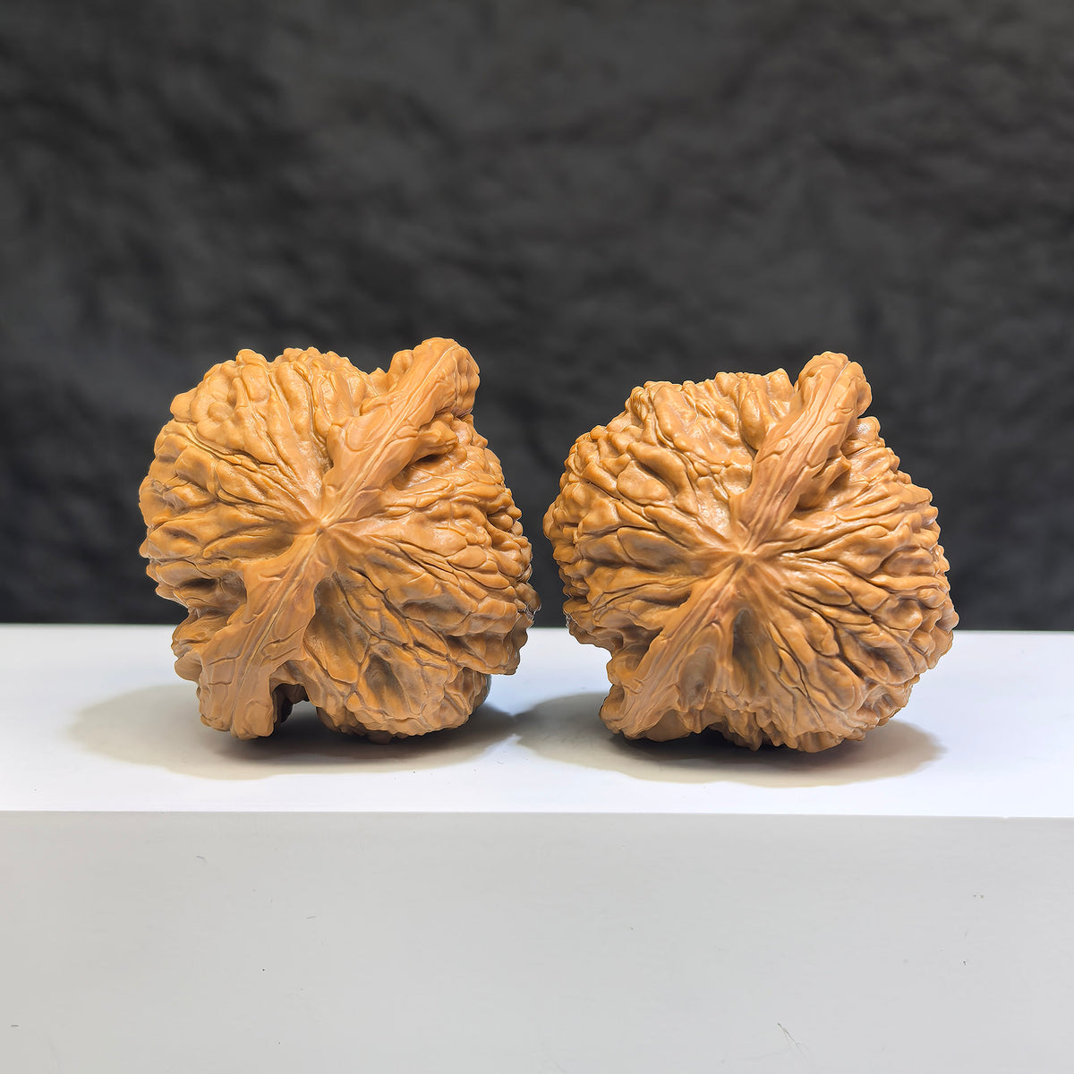 Pair of White Lion Wenwan Walnuts by Wenwan Art, 42mm x 41mm, featuring detailed white lion carvings on smooth walnut surfaces.