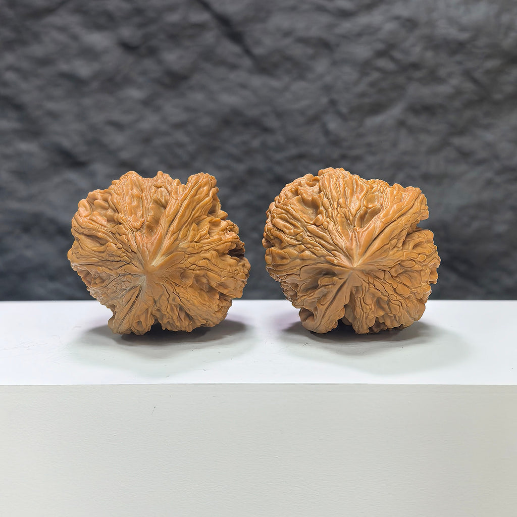 Pair of Dazhan Stone Wenwan Walnuts by Wenwan Art, 41mm x 42mm, featuring natural stone textures and polished surfaces.