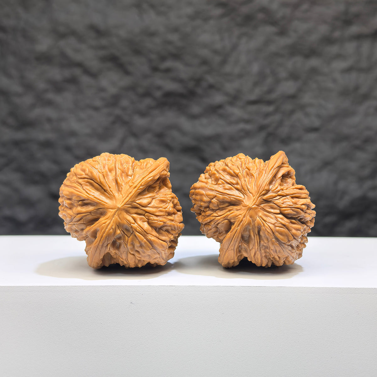 Pair of authentic Wild Wenwan Walnuts from Wenwan Art, showcasing natural wild walnuts with a 36mm diameter, labeled Wild Millstone.