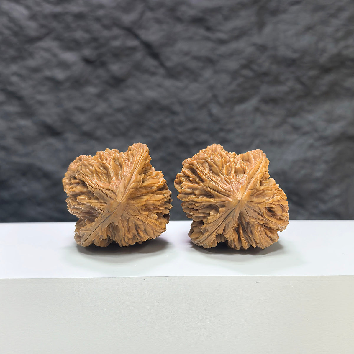 Pair of Beijing Chicken Heart Wenwan walnuts from Wenwan Art, 41mm size, showing detailed walnut shells with natural textures.