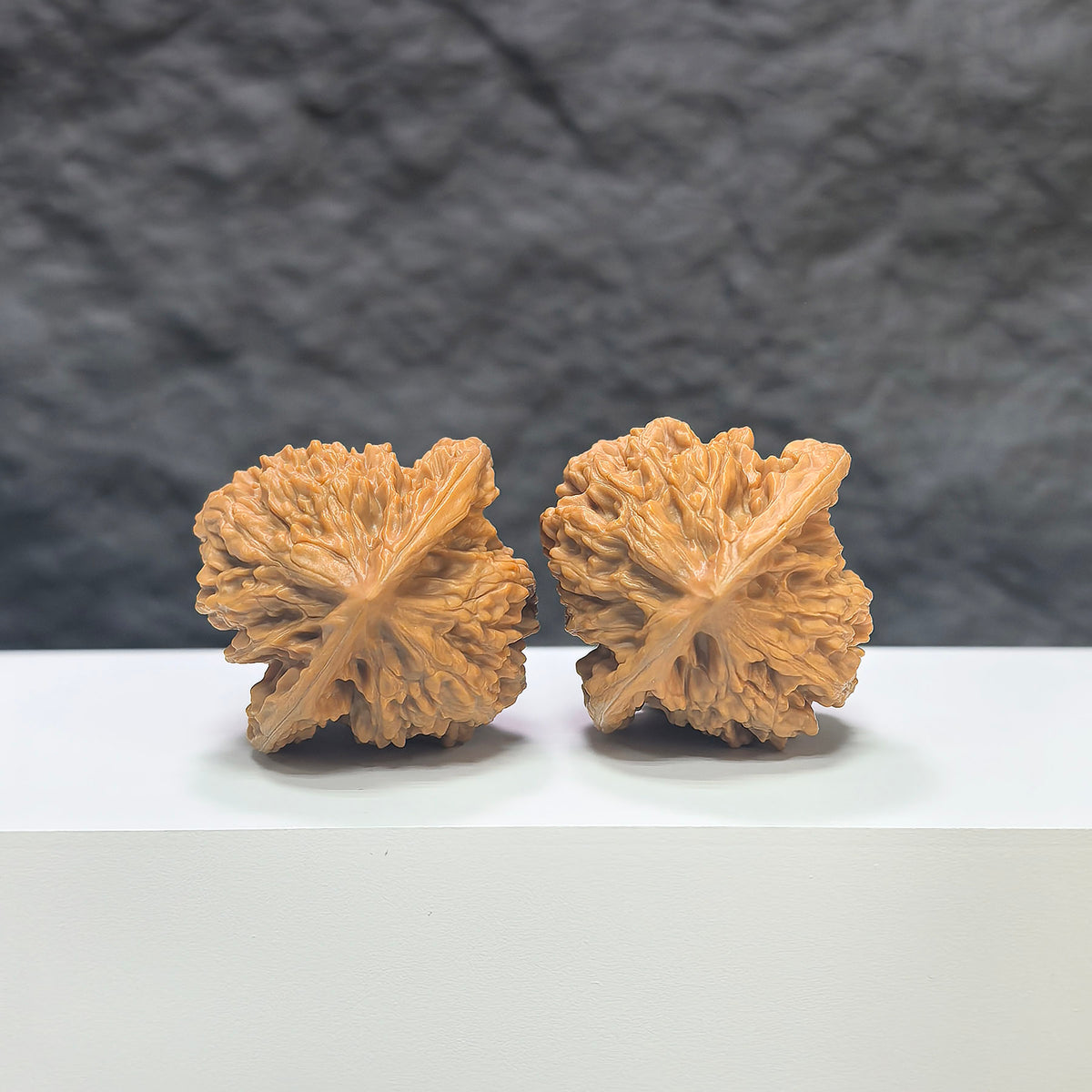 Pair of Xiayunling Classic Wenwan Walnuts from Wenwan Art, 38mm and 37mm, featuring detailed natural walnut textures.