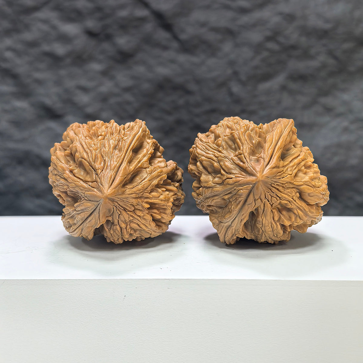 Pair of Dazhan Stone Wenwan walnuts by Wenwan Art, featuring smooth, polished walnut-shaped stones with natural patterns.