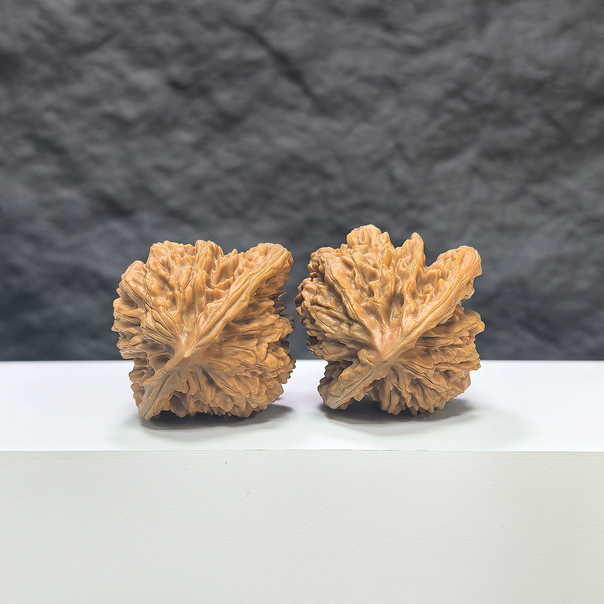Pair of Xiayunling Wenwan walnuts from Wenwan Art, showing detailed natural wood grain and smooth polished surface.