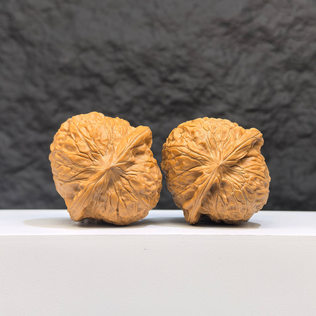 Pair of deep-base Wenwan walnuts with concave pumpkin-shaped bases, 40mm x 42mm, from Wenwan Art.