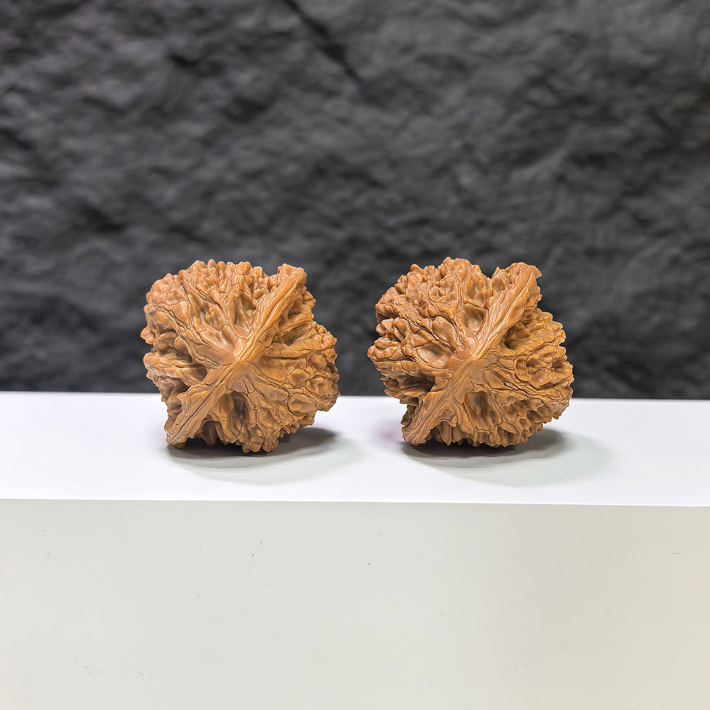 Pair of Golden Kylin Wenwan walnuts by Wenwan Art, showcasing their 36x37mm size, detailed natural walnut textures, and golden hue.