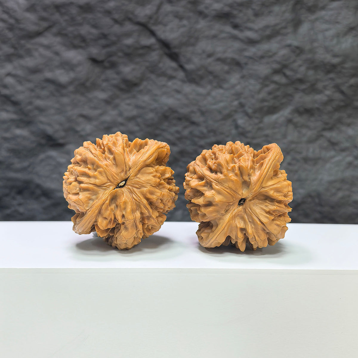 Pair of large Wenwan Art Official Hat Wenwan walnuts, 45mm x 41mm, featuring smooth, polished surfaces and intricate natural patterns.