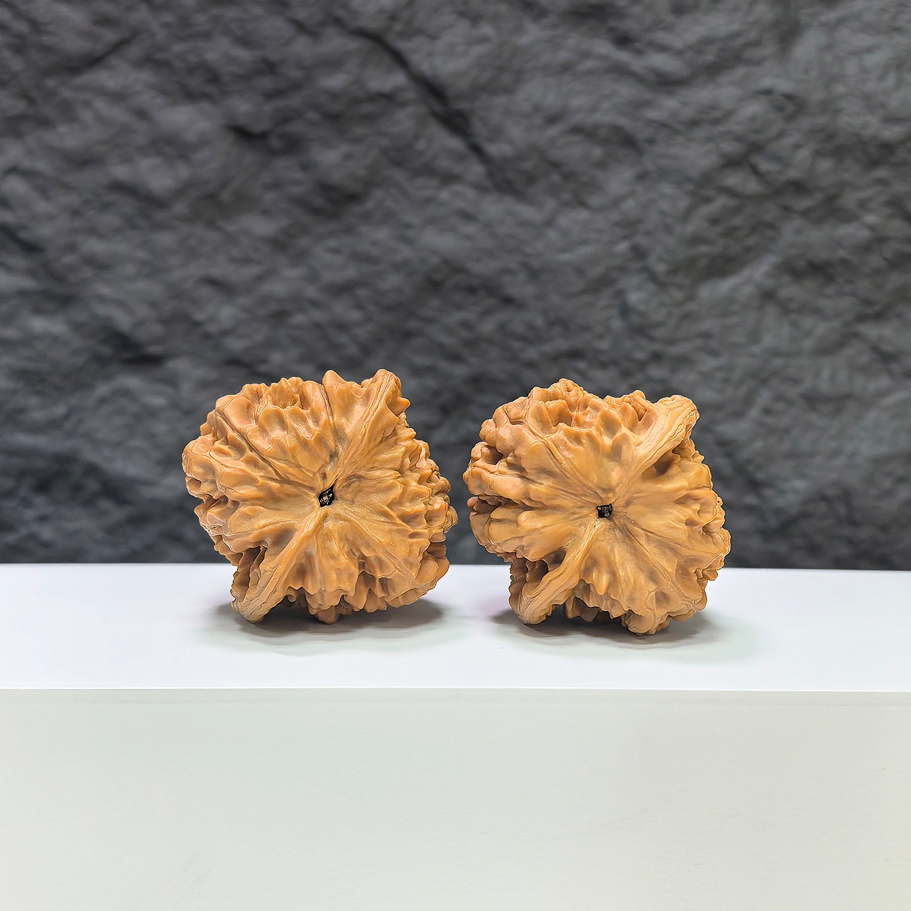 Official Wenwan Art hat-shaped walnut pair, classic design, 39mm x 36mm, showcasing detailed craftsmanship and natural walnut texture.