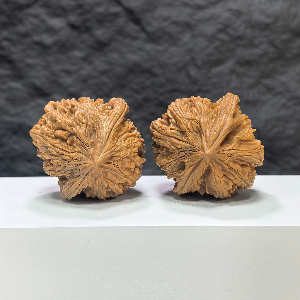 Pair of Dazhan Stone Wenwan walnuts from Wenwan Art, featuring smooth, polished surfaces and natural stone patterns, 43x45mm.