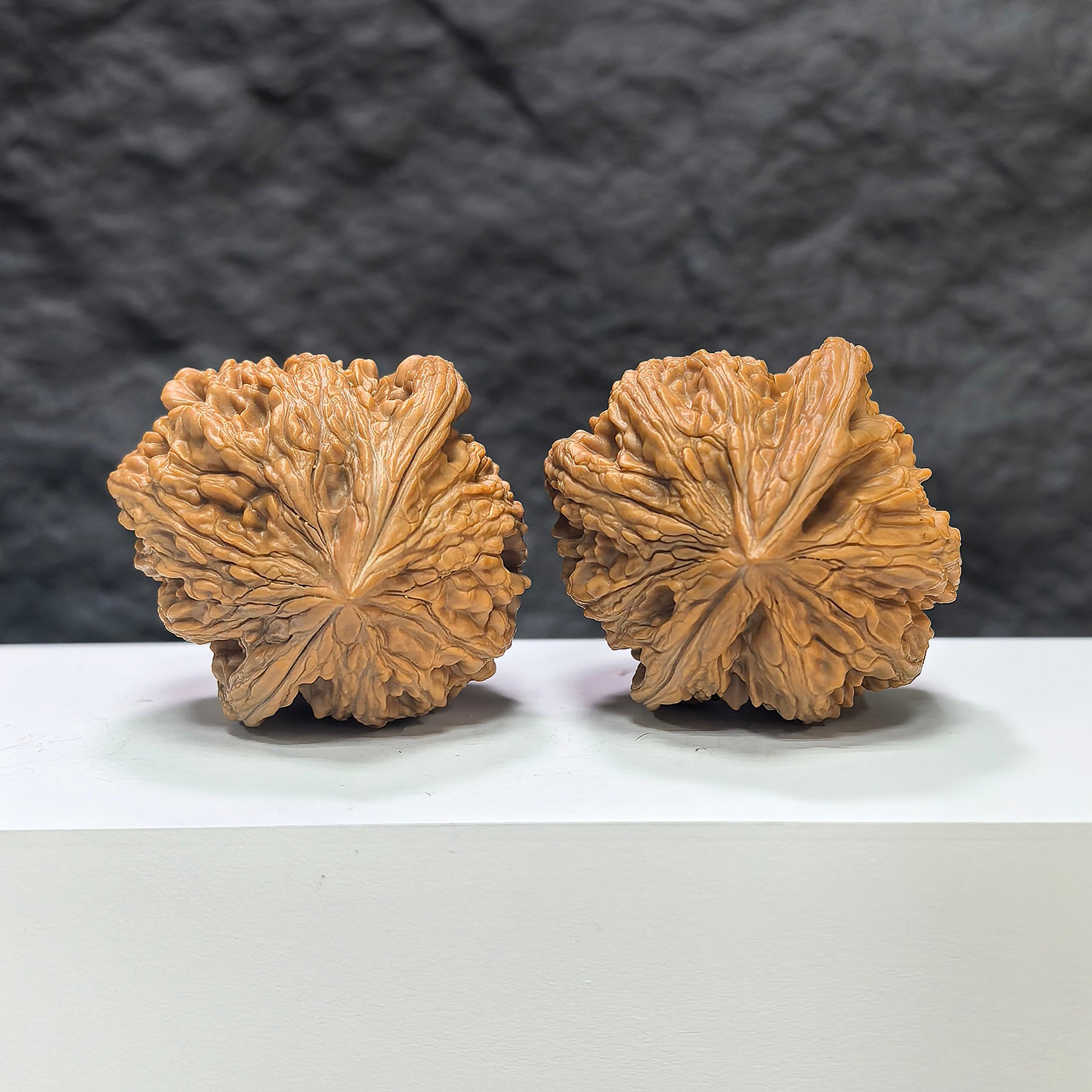 Pair of Dazhan Stone Wenwan walnuts from Wenwan Art, featuring smooth, polished surfaces and natural stone patterns, 43x45mm.