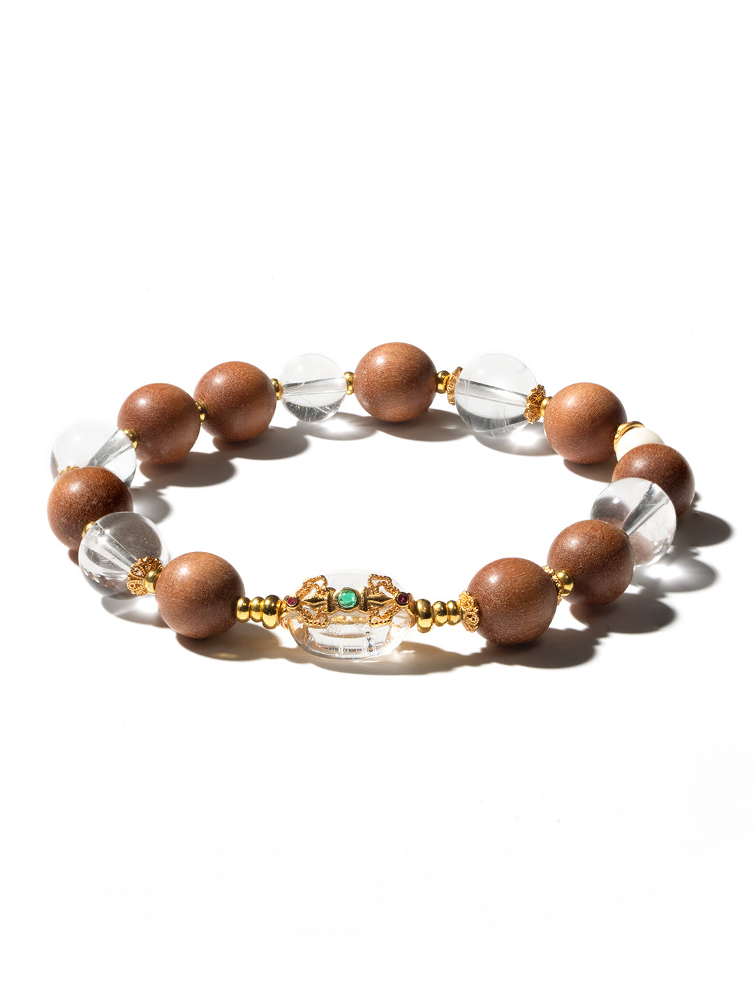 Beads & Blessing ZenWenwan sandalwood and clear quartz vajra bracelet with 10mm beads, featuring natural wood and transparent quartz.