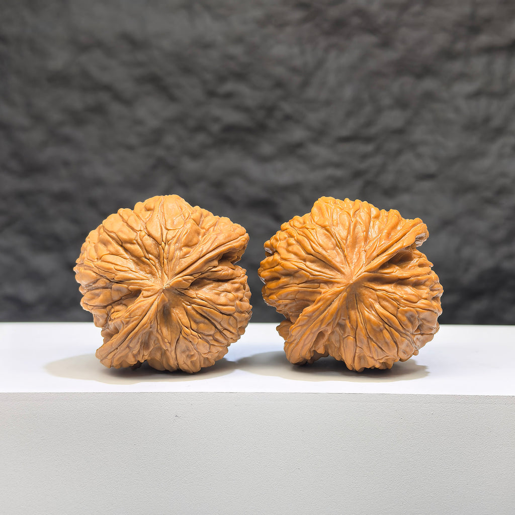 Authentic Wild Wenwan Walnut pair from Wenwan Art, 39mm x 37mm, showcasing natural wild walnut stones with textured surfaces.