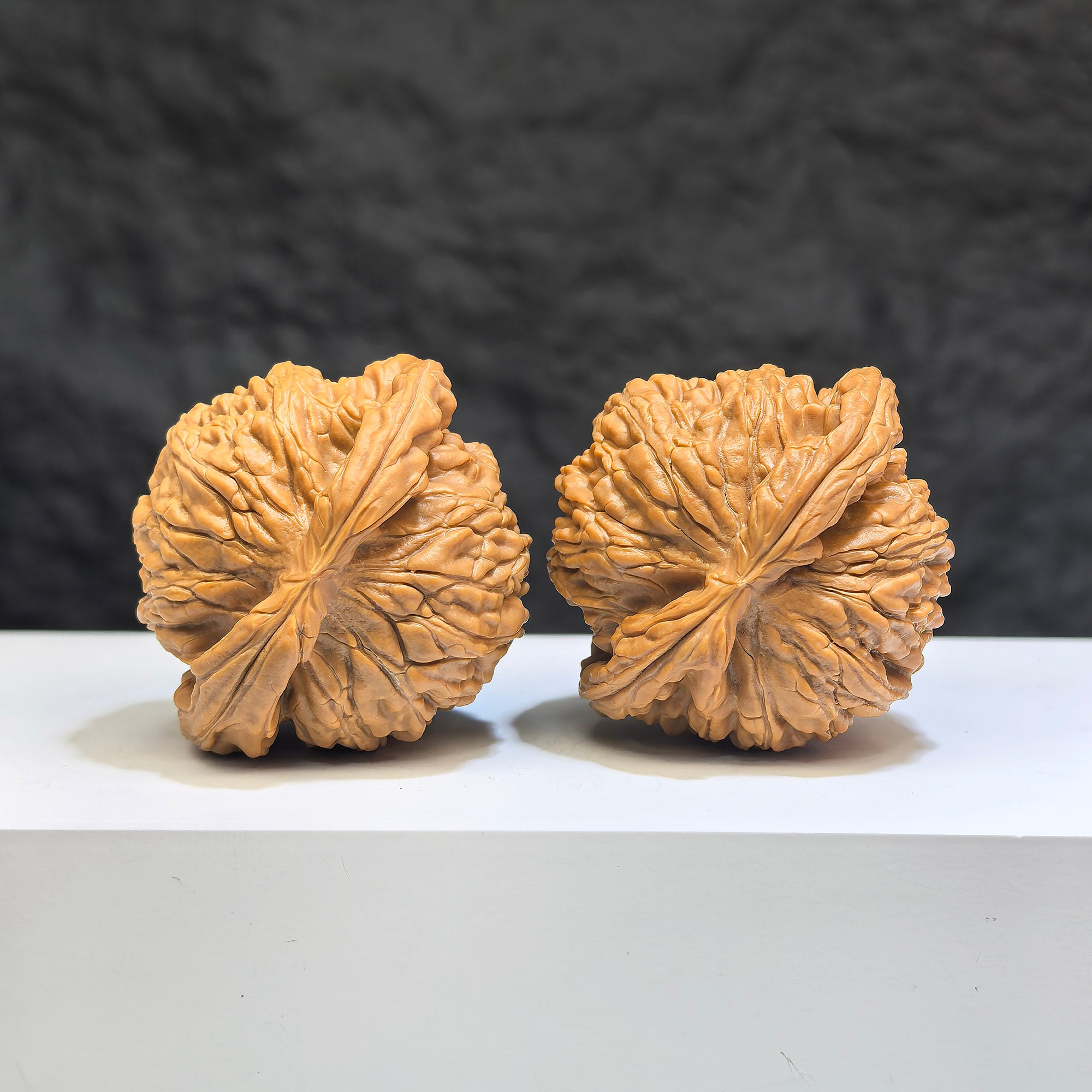 Pair of Low-pointed White Lion Wenwan walnuts by Wenwan Art, 41mm x 38mm, featuring intricate carving and natural walnut textures.