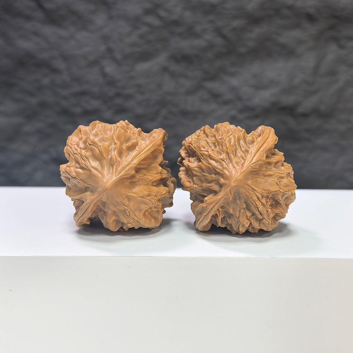 Pair of Pocket White Snake Valley Wenwan walnuts by Wenwan Art, 36mm miniature walnut carvings with intricate white snake valley details.