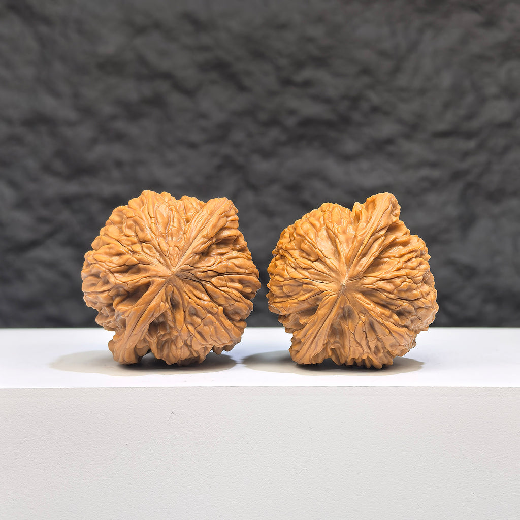 Miniature Wenwan Walnut pair, Pocket Symmetrical Millstone style, crafted by Wenwan Art, measuring 36mm by 33mm.