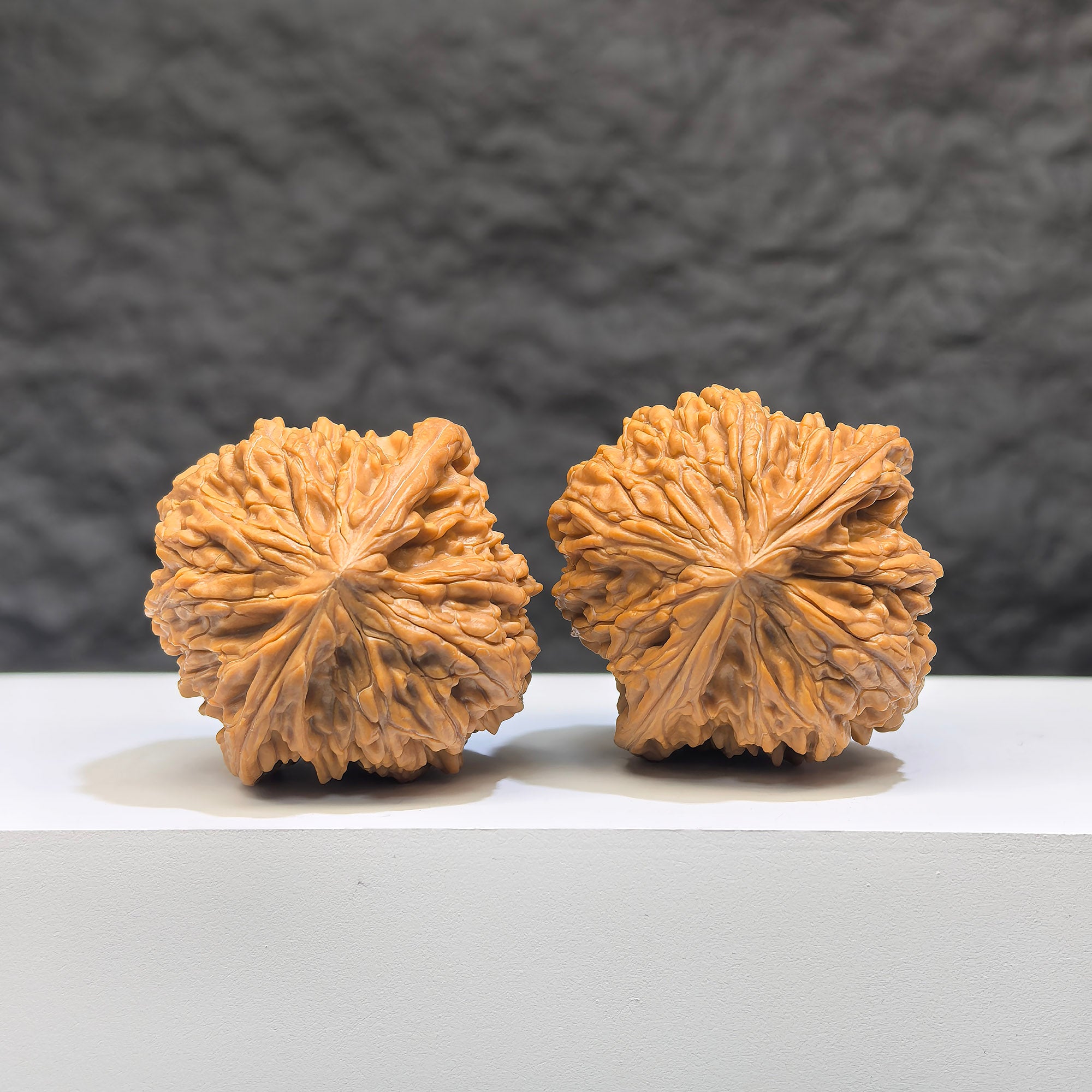 Pair of Wenwan Art Millstone Classic Wenwan walnuts, 38mm x 37mm, showcasing smooth, polished walnut carvings with intricate details.
