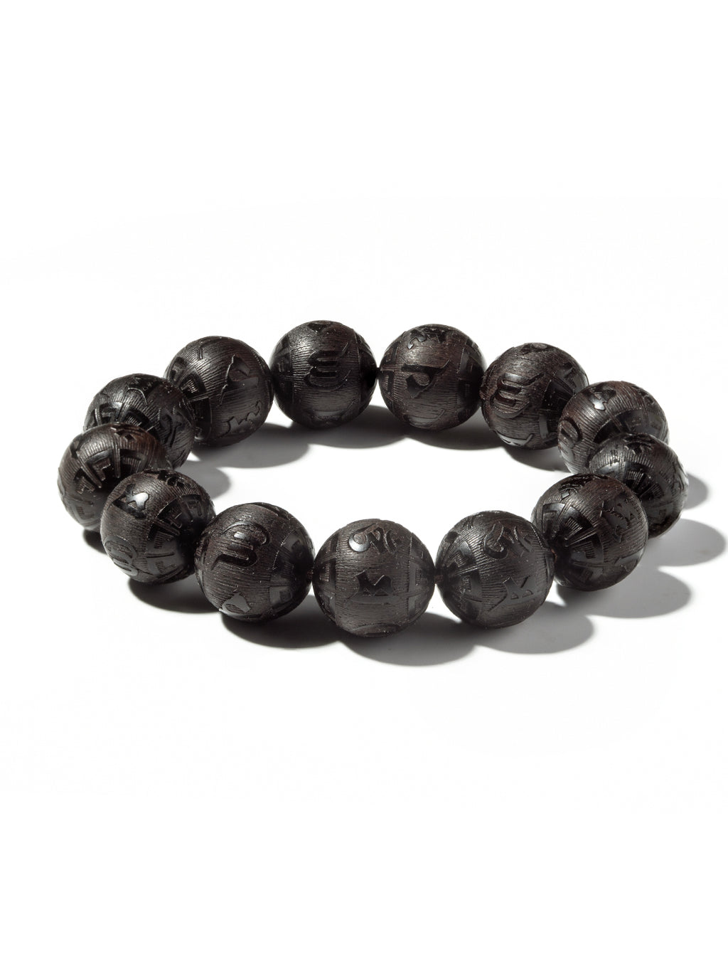 Carved ebony wood Om Mani Padme Hum bracelet with 16mm beads, featuring intricate Buddhist mantra carvings, by ZenWenwan.
