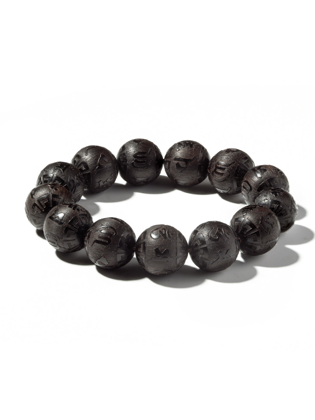 Carved ebony wood Om Mani Padme Hum bracelet with 16mm beads, featuring intricate Buddhist mantra carvings, by ZenWenwan.