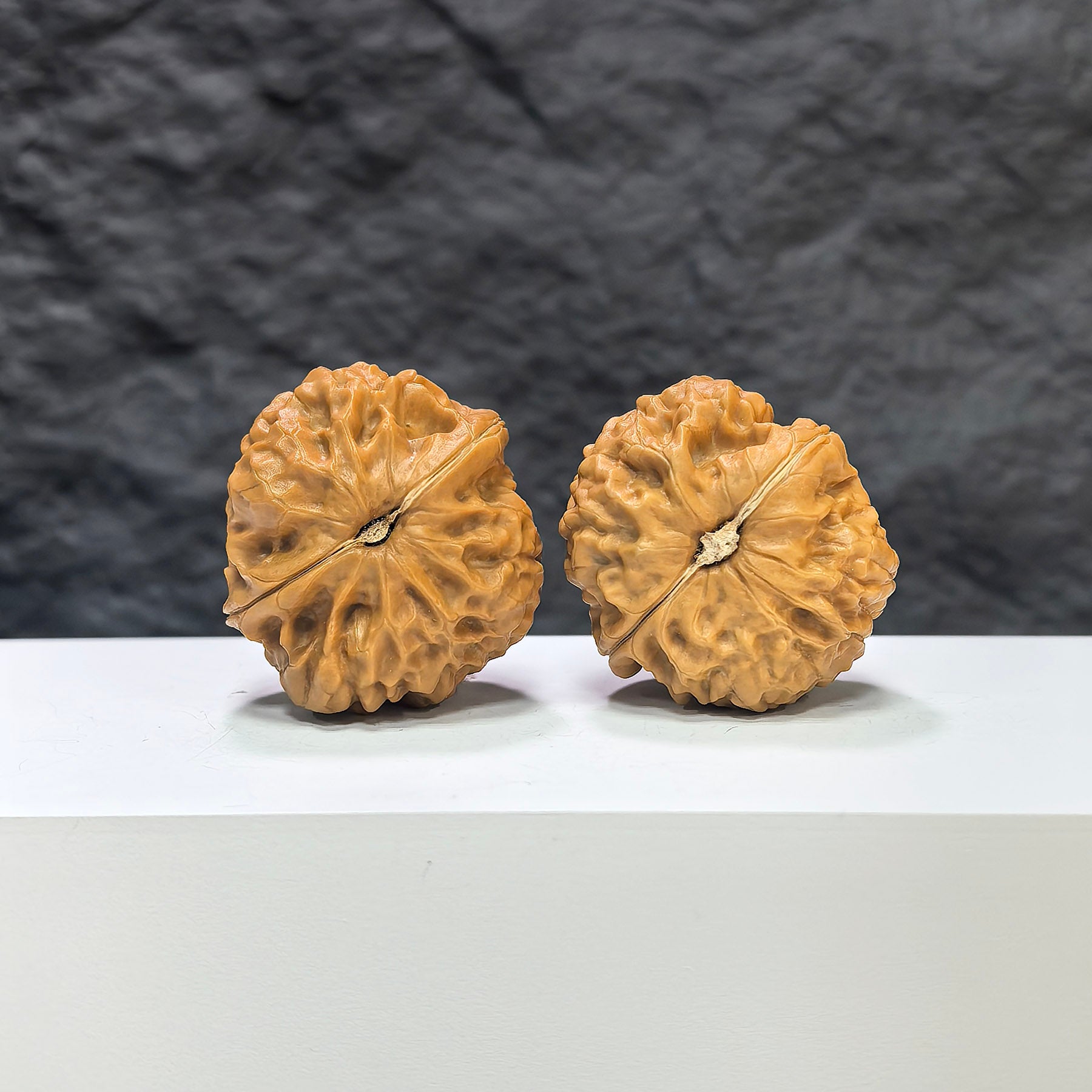 Golden Toad Vessel and Heaven Devouring Beast Wenwan walnuts pair, 36-37mm, handcrafted by Wenwan Art with detailed carvings.