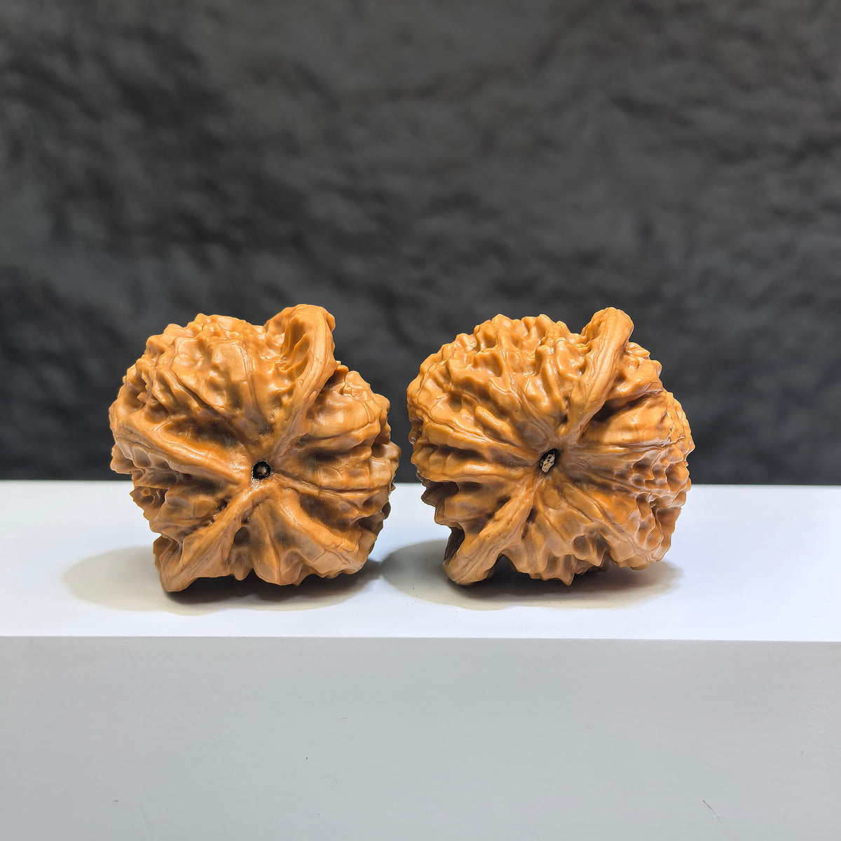 Pair of Wild Wolf Yelang Deep-Carved Wenwan Walnuts by Wenwan Art, 39mm x 37mm, showcasing intricate carvings and natural walnut texture.