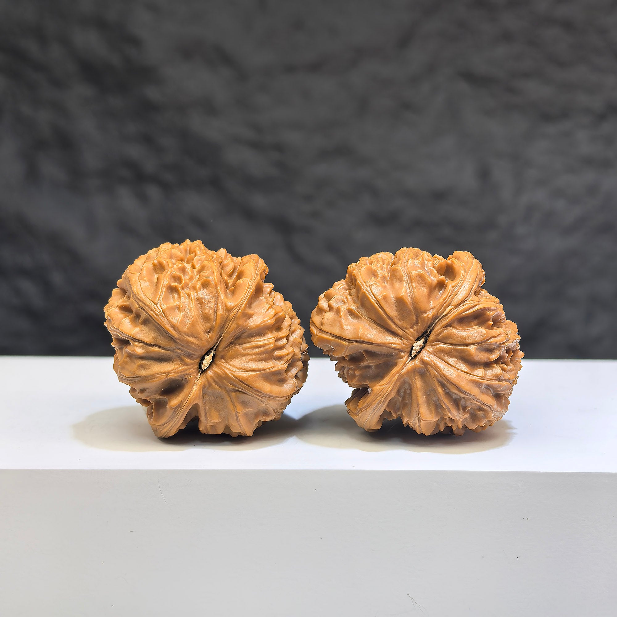 Miniature Wenwan Walnut pair featuring white lion carvings, crafted by Wenwan Art, measuring 32mm x 34mm, detailed and artistic.