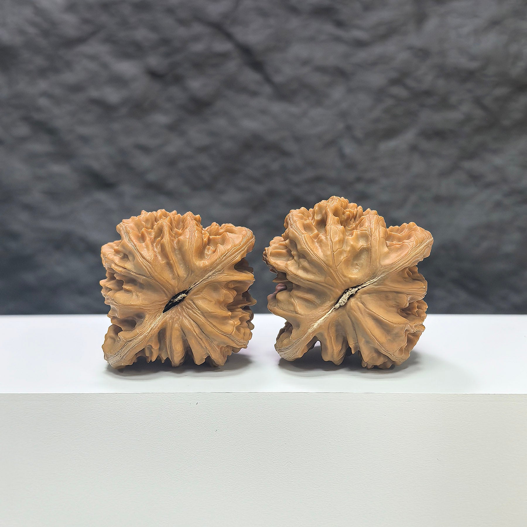 Pair of Xiayunling Classic Wenwan walnuts from Wenwan Art, detailed natural walnut shells, 43mm x 41mm, showcasing intricate textures.