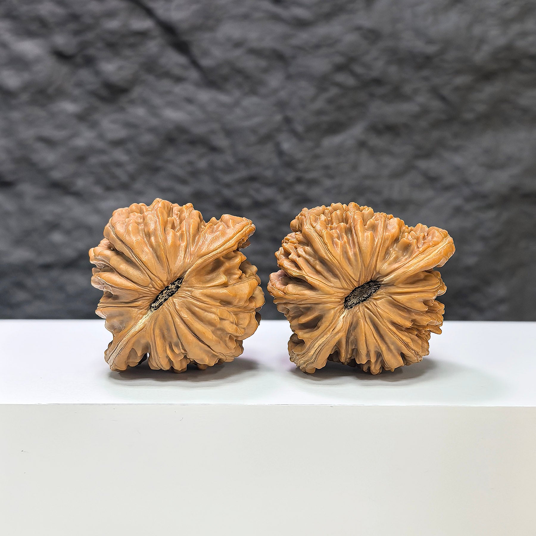 Wenwan Art Sizuolou Classic Wenwan Walnut pair, 41mm x 39mm, featuring detailed natural walnut carvings on a smooth surface.