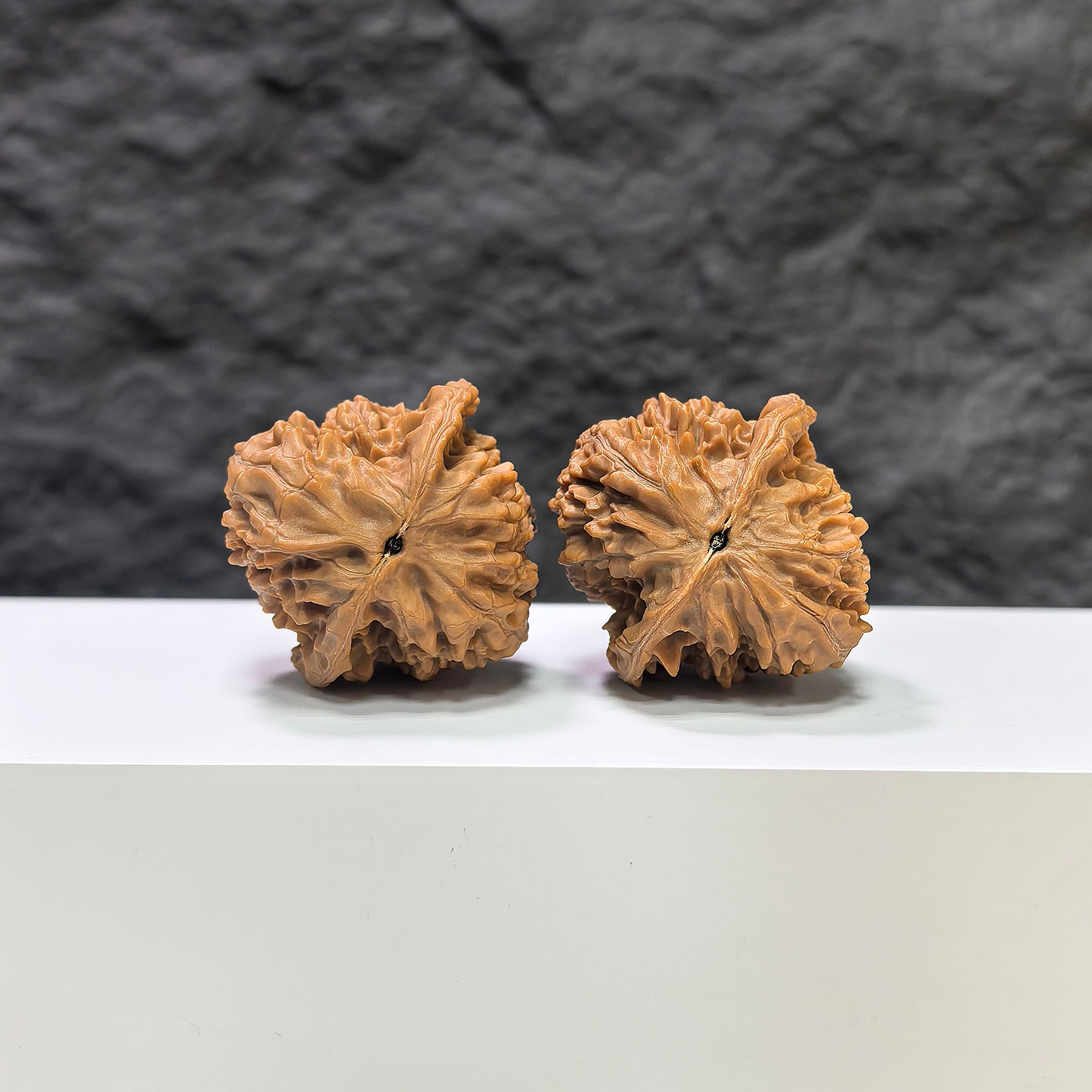 Pair of Golden Kylin Wenwan walnuts by Wenwan Art, classic 36mm x 37mm walnuts with intricate golden designs, detailed wood grain.