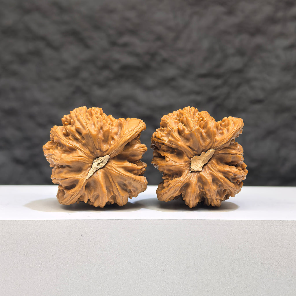 Pair of Peach Heart Concave Base Ruby Wenwan Walnuts by Wenwan Art, featuring 35mm size with rich red gemstone details.