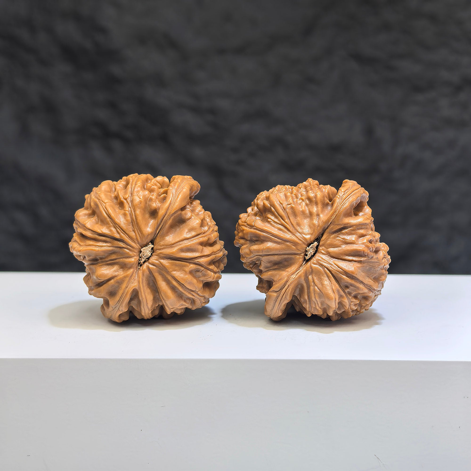 Pair of Pocket Spherical White Lion Wenwan Walnuts from Wenwan Art, round-profile 35mm size with detailed white lion carvings.