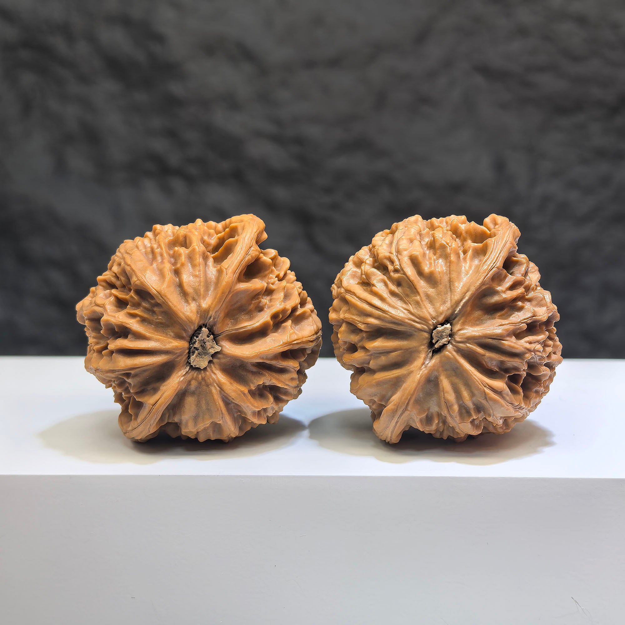 Pair of Classic Scholar Wenwan Walnuts by Wenwan Art, hand-matched spherical Wenwan walnuts, 41mm x 38mm, with 球形宮燈 design.