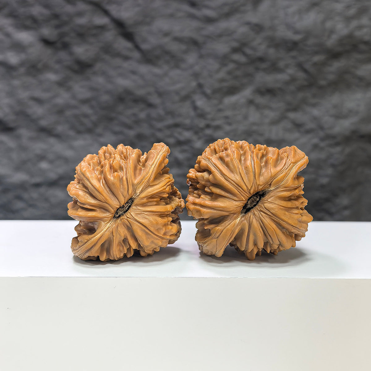 Wenwan Art Sizuolou Classic Wenwan walnuts pair, 43mm x 39mm, featuring smooth, polished walnut carvings with intricate details.