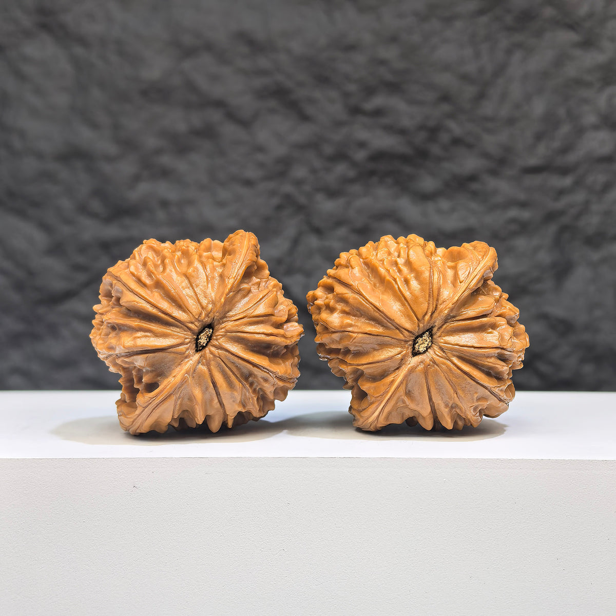 Red Shell Millstone Wenwan Walnut pair from Wenwan Art, classic HKMB-1N8 design, 42mm x 38mm, with intricate red shell detailing.