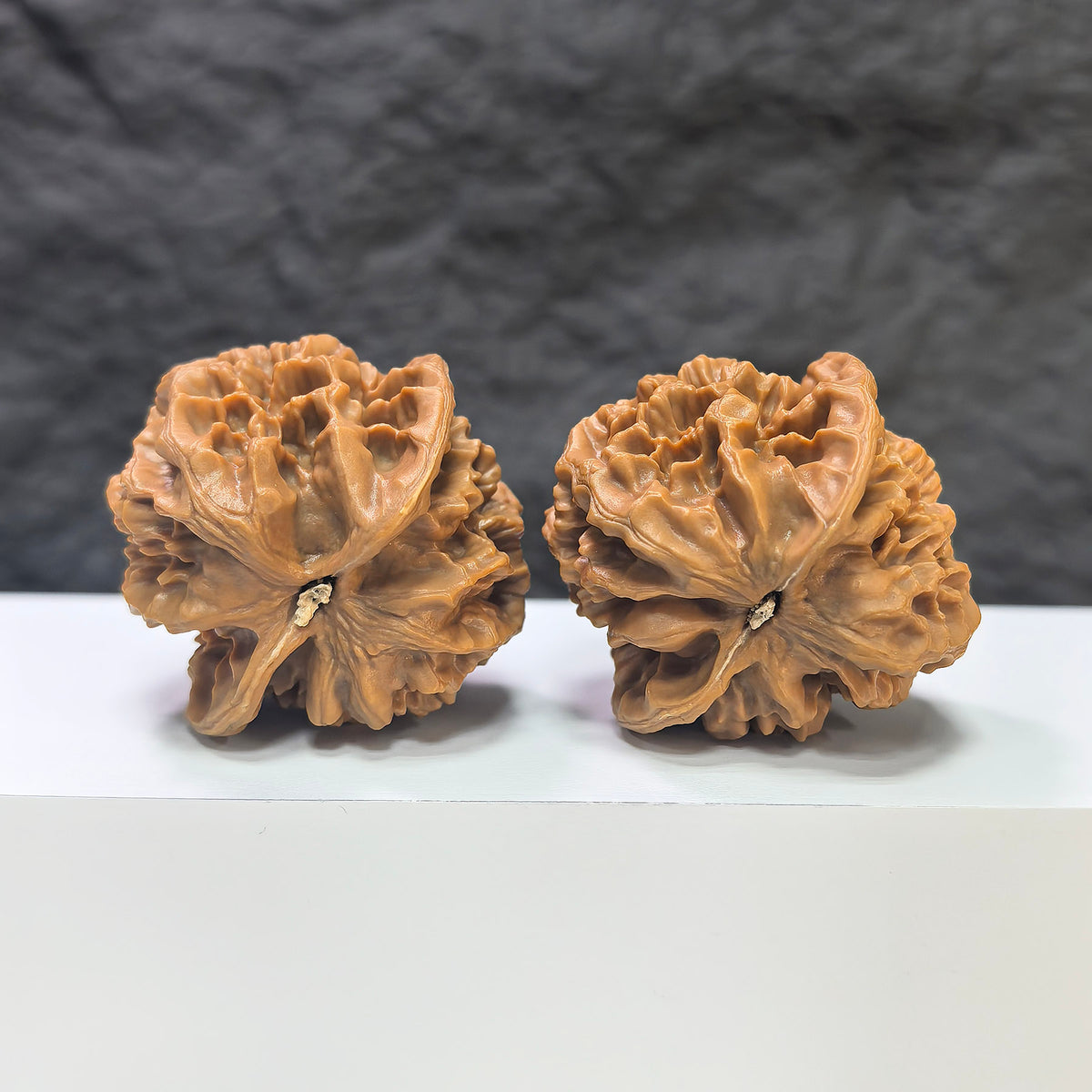 Pair of Emperor Wenwan Walnuts from Wenwan Art, 43mm and 42mm, showcasing smooth, polished walnut halves with natural grain patterns.