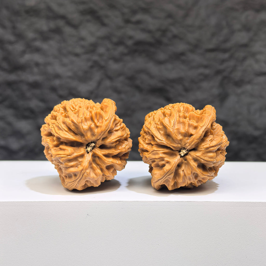 Pair of Wenwan Art Pocket Yuhua Stone miniature walnuts, 34mm x 32mm, displaying detailed natural stone patterns and smooth surfaces.