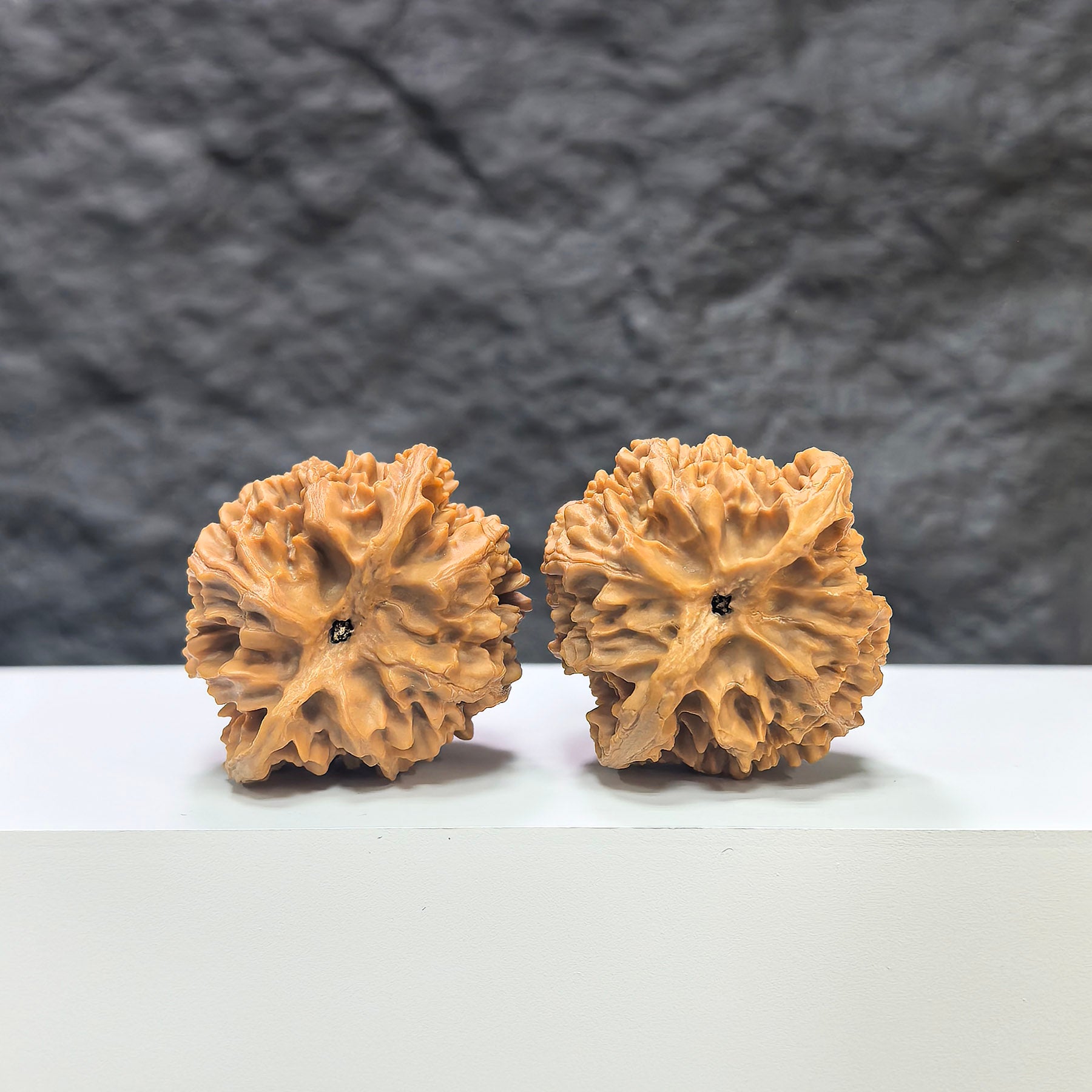 Pair of Wenwan Art Apple Garden Peach Heart Concave Base Wenwan walnuts, deep-base style, 40mm x 37mm, natural walnut color.