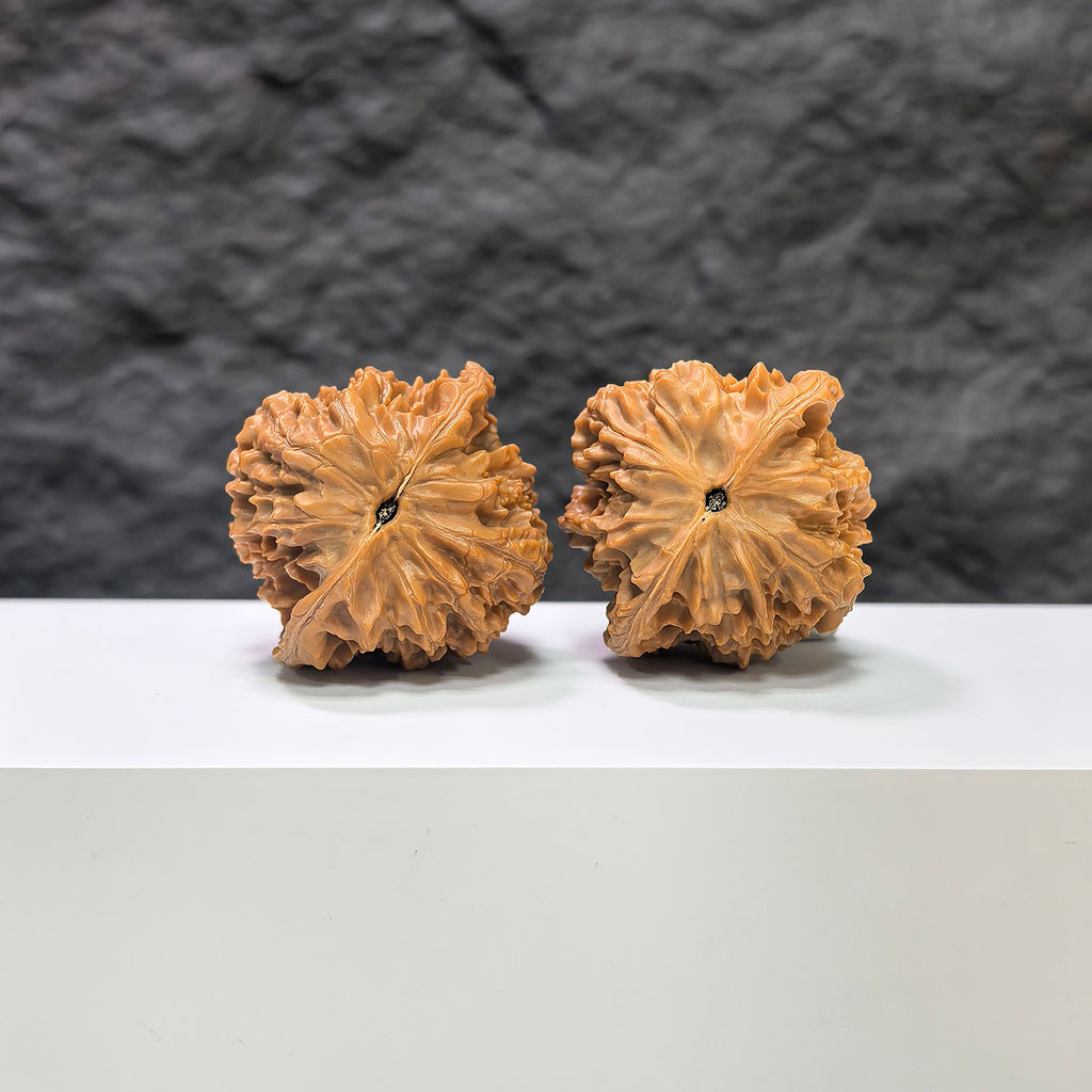 Golden Kylin Wenwan walnut pair from Wenwan Art, 40mm x 38mm, showcasing detailed carvings and smooth polished surfaces.