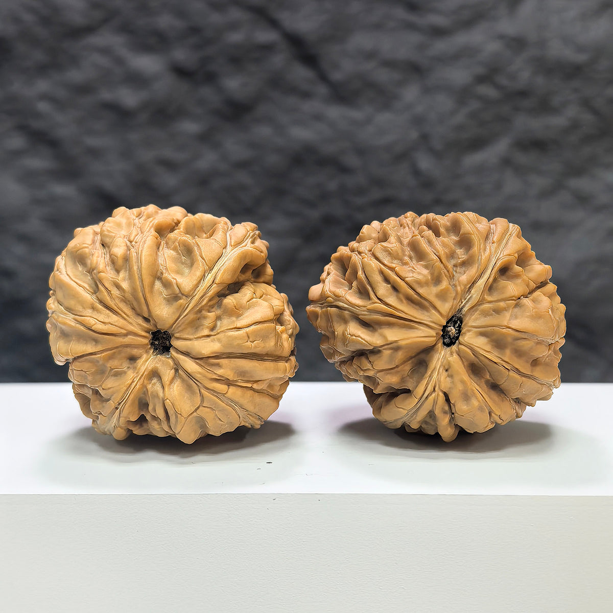 Pair of Classic Scholar Wenwan Walnuts from Wenwan Art, hand-matched, 44x46mm, showing detailed natural walnut textures.